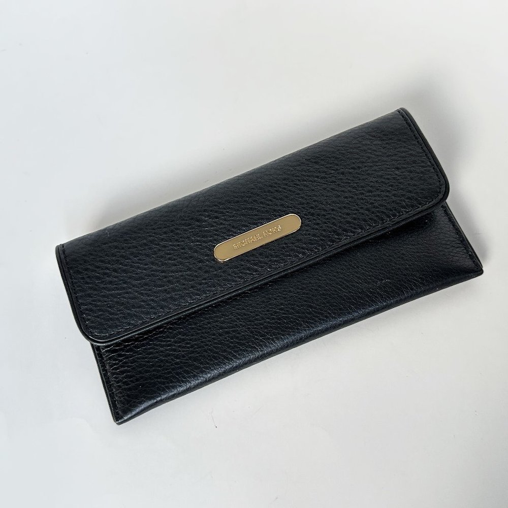 Michael Kors Black Pebbled Leather Long Card Holder Wallet Bi-Fold Slender